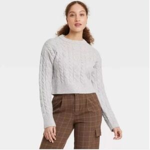 A New Day Cable-Knit Sweater Womens Pullover Crew Neck Long Sleeve Gray
